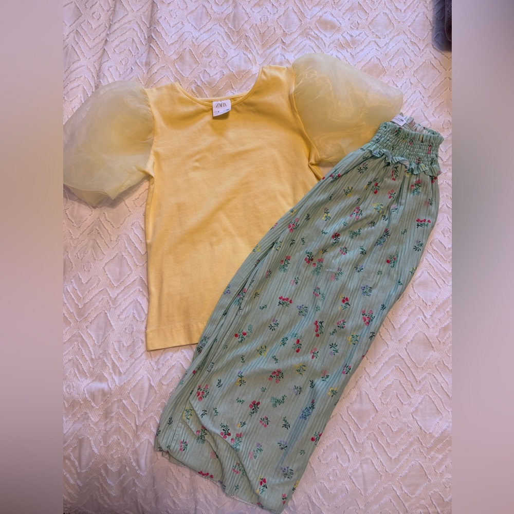 Zara Yellow Top and Green Floral wide leg pant set